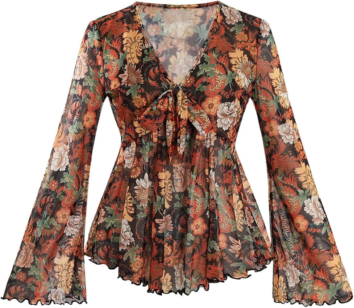 Verdusa Women's Western Outfits Boho 70s Mesh Shirt Tops Lettuce Trim Peplum V Neck Long Sleeve B... | Amazon (US)