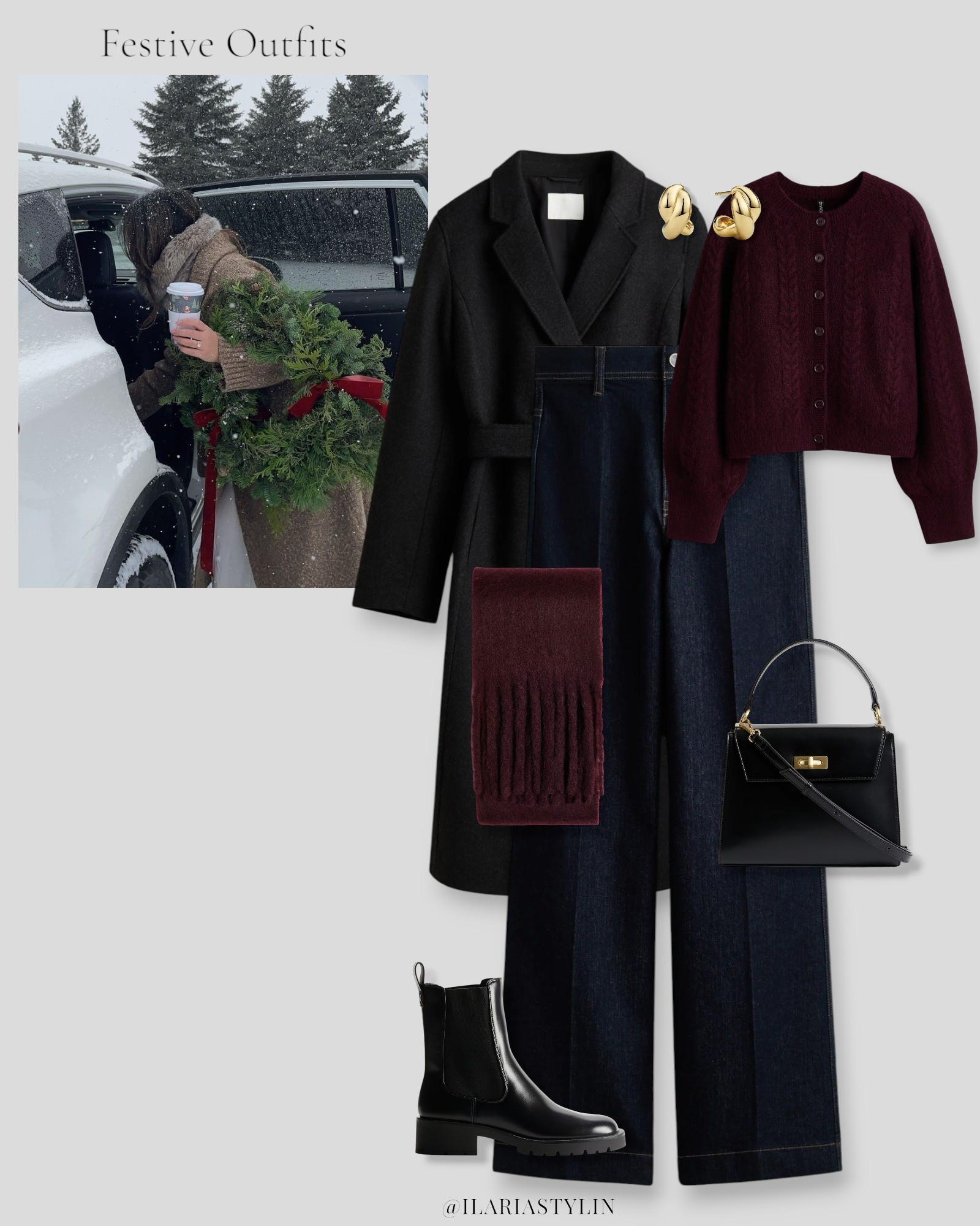 FESTIVE OUTFITS 🎄🎁  festive outfit, festive outfit ideas, black coat, tie-belt coat, burgandy cardigan, cable-knit cardigan, dark blue jeans, wide leg jeans, burgandy scarf, black boots, chelsea boots, black bag, crossbody bag, casual chic outfit, chic outfit

#LTKHoliday #LTKootd #LTKSeasonal