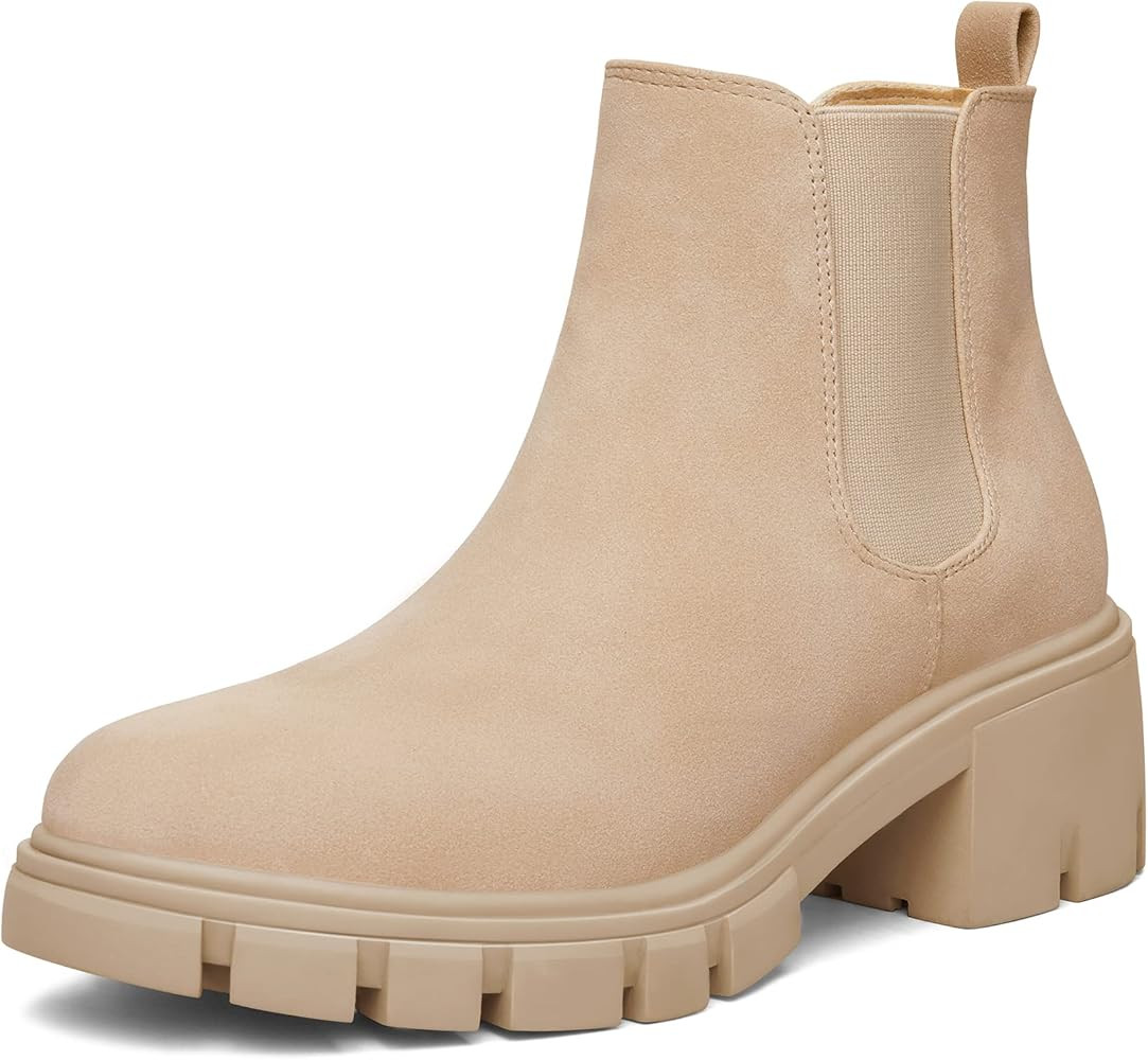 mysoft Women's Platform Chelsea Boots Lug Sole Slip On Chunky Block Heel Ankle Booties | Amazon (US)