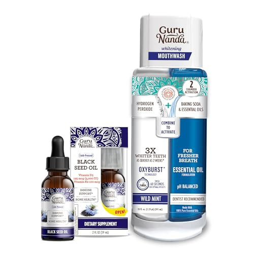 GuruNanda Black Seed Oil, Cold-Pressed Nigella Sativa - Rich in Vitamin D3 5000 Units, K2 & E & Dual Barrel Oxyburst Whitening Mouthwash - Contains Hydrogen Peroxide | Amazon (US)