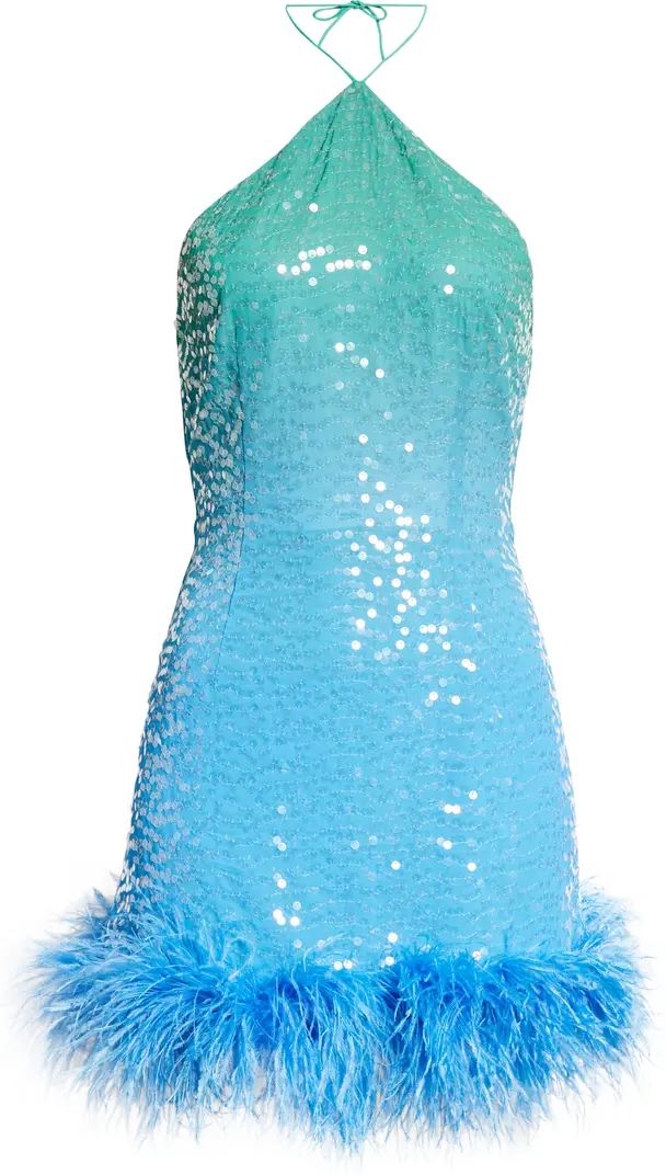 Jewel Sequin Feather Trim Halter Dress | Nordstrom