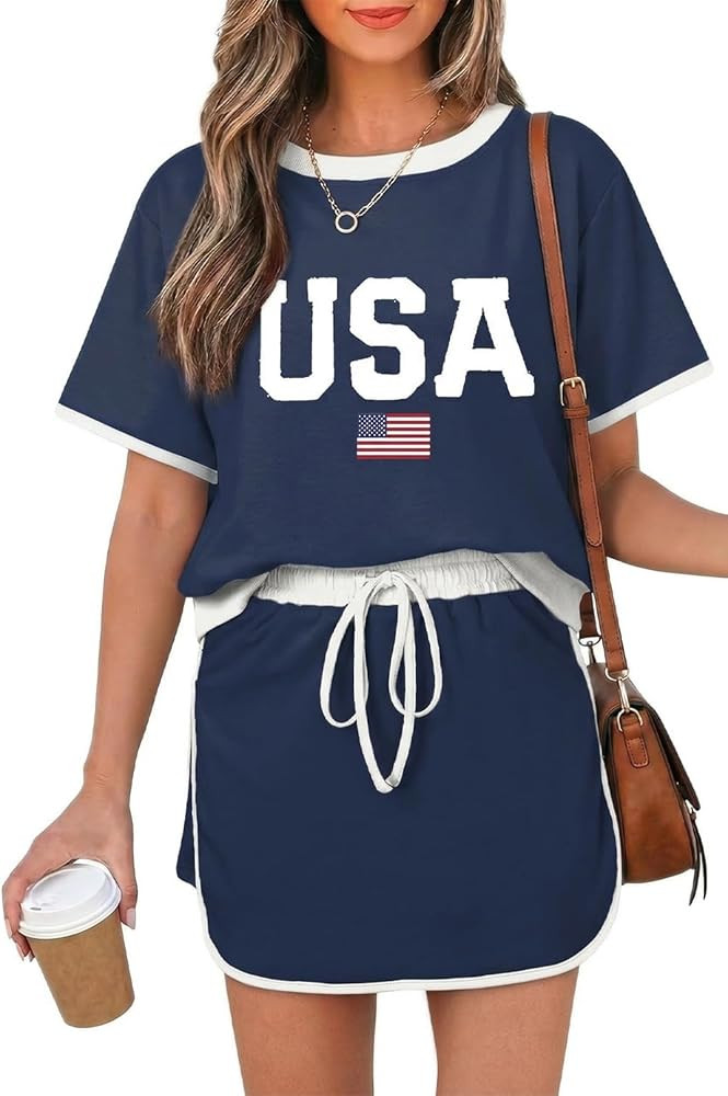 Opemiby Womens 2 Piece Skort Set 2026 Color Block Short Sleeve Top Drawstring Skort Matching Sets... | Amazon (US)