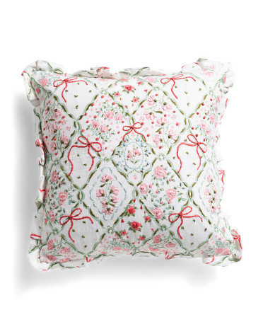 20X20 Vintage Floral Trellis Embroidered Ruffle Pillow, Cotton/Polyester | TJ Maxx
