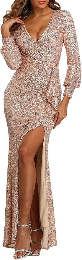 ANATA Bodycon Sequin Dress for Women Long Sleeve Dresses V-Neck Sexy Split Gown | Amazon (US)