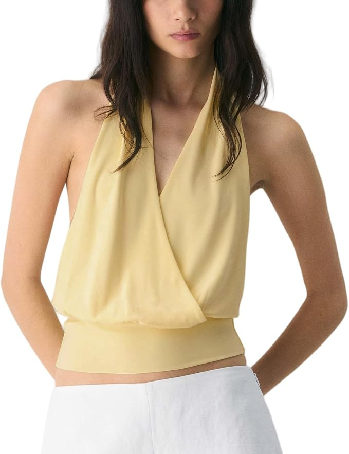 Hixiaohe Halter Top for Women Open Back Cinched Waist V Neck Sleeveless Cropped Tops Sexy Dressy ... | Amazon (US)