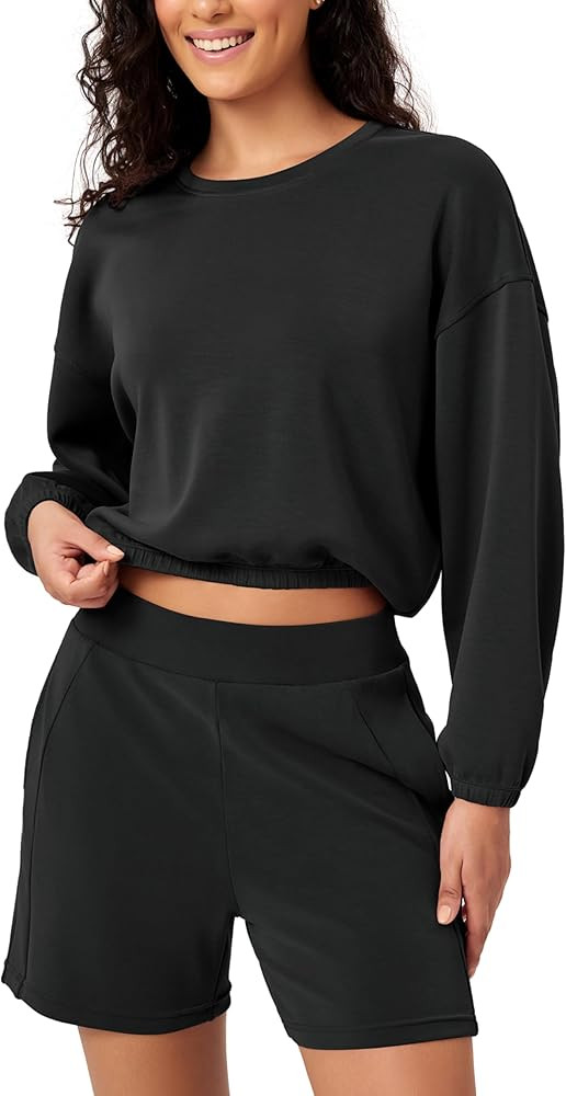 ODODOS Women's Modal Soft Gathered Cropped Sweatshirts Long Sleeve Elastic Hem Crew Neck Pullover... | Amazon (US)