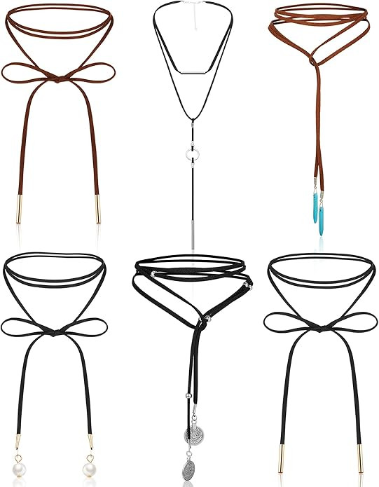 Sureio 6 Pcs Women Western Boho Necklaces Gothic Black Brown Necklaces Leather Velvet Vintage Cho... | Amazon (US)