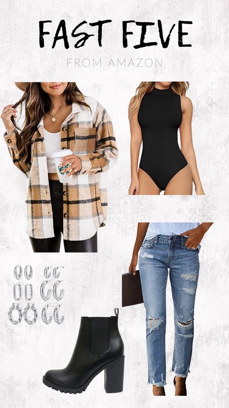 amazon outfit, amazon clothes, amazon fashion, amazon deals, shacket, black bodysuit, silver hoop earrings, ripped jeans, ripped denim, denim jeans, jeans, booties, black booties, heeled booties, chunky booties

#LTKunder50 #LTKstyletip #LTKHoliday