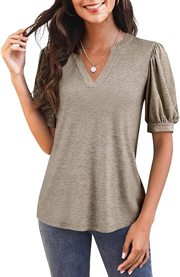 Imily Bela Womens V Neck T Shirts Casual Puff Sleeve Loose Dressy Blouses Summer Tops | Amazon (US)