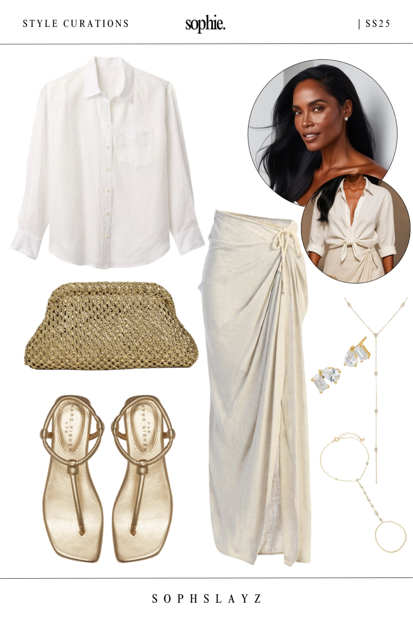 Sun-kissed and styled. This neutral resort outfit features a classic white button-down shirt tied at the waist and paired with a linen wrap skirt for a relaxed yet refined vibe. Styled with minimalist gold sandals, a gold woven clutch and delicate gold jewelry— it’s the go-to look for any vacation getaway or summer capsule wardrobe.

#LTKItBag #LTKOver40 #LTKStyleTip