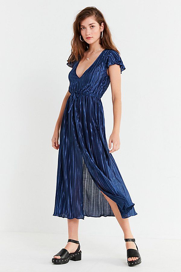 UO Miranda Metallic Pleated Midi Dress - Blue S at Urban Outfitters | Urban Outfitters (US and RoW)