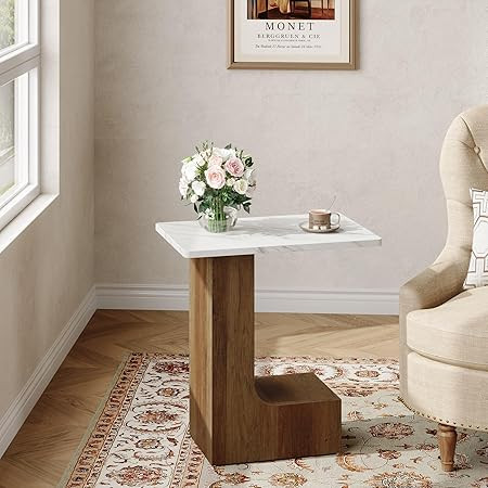 Tribesigns C-Shaped End Table, Industrial C Table for Sofa with Faux Marble Tabletop, 2-Tier Beds... | Amazon (US)