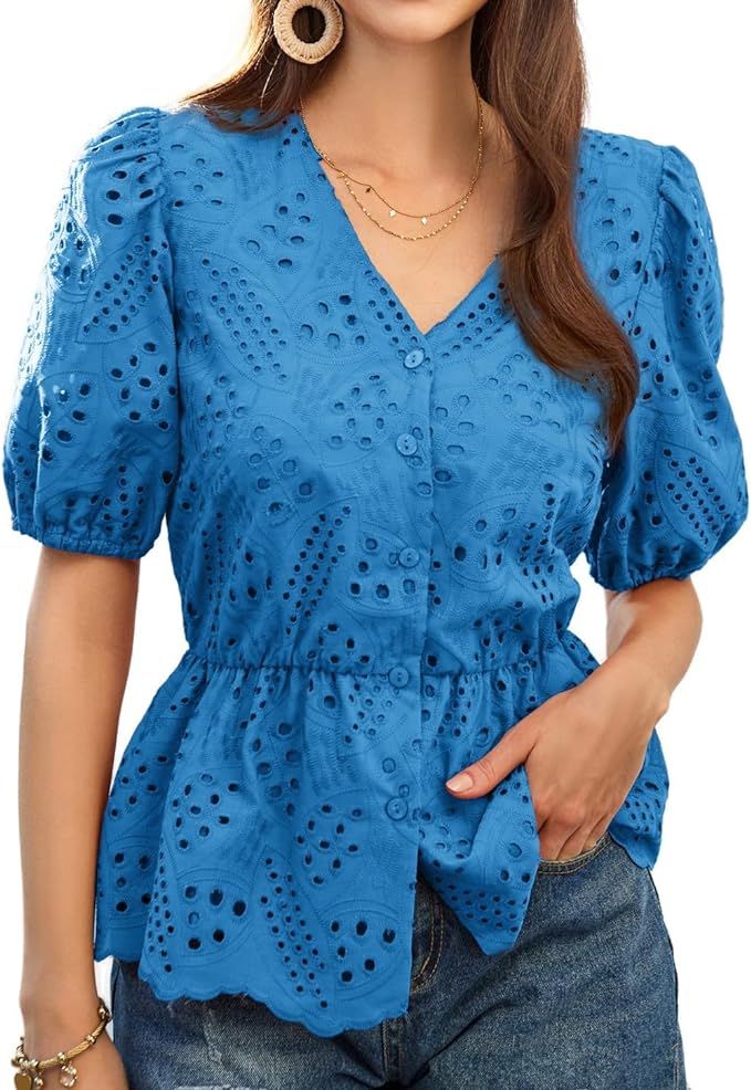 GRACE KARIN Women Blouses Button Up Puffed Short Sleeve Elastic Waist Shirt Double Layer Tops wit... | Amazon (US)
