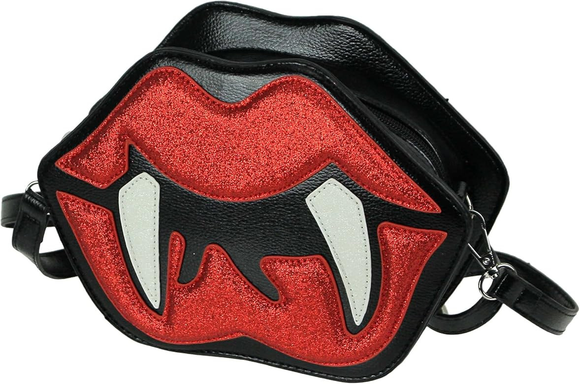 Things2Die4 Glittery Red Vampire Lips With Fangs Black Vinyl Crossbody Handbag Multicolor | Amazon (US)