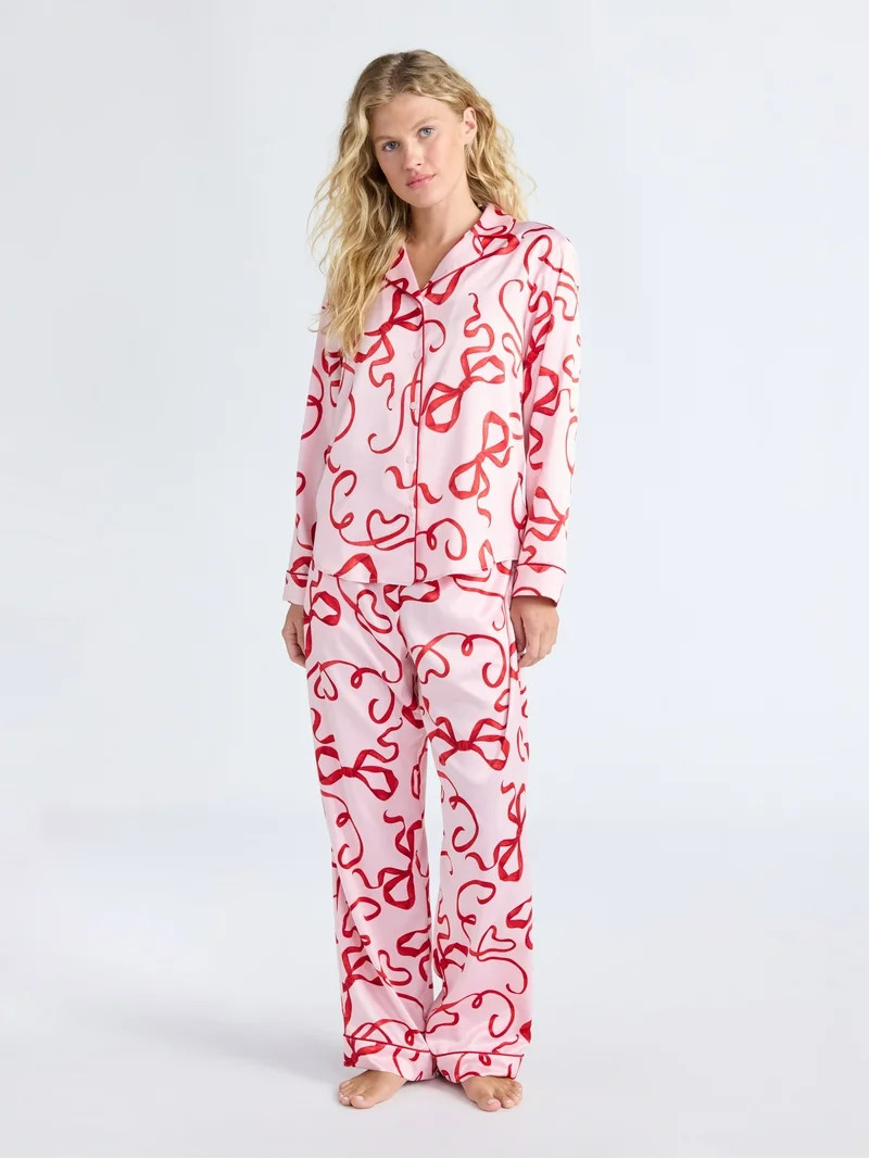 Joyspun Women’s Stretch Satin Notch Long Sleeve Top and Pants Pajama Set, 2-Piece, Sizes XS-3X | Walmart (US)