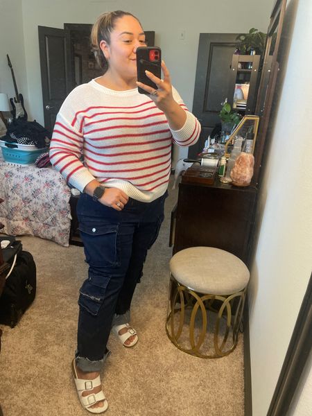 Major sale at Madewell! I’ve been enjoying relaxed fit cargo denim. 3 different styles available now 🥳

White sandals go with all things especially as we get into summer. 

Since the dusk and dawn are still chilly, I’ve also linked a stripped sweater too from the Madewell sale!

#LTKxMadewell #LTKmidsize #LTKsalealert