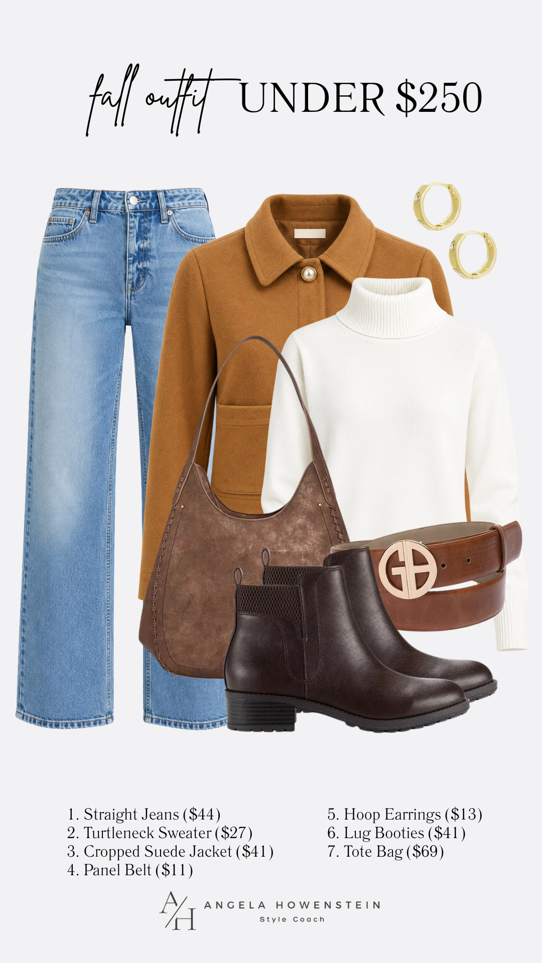 A complete fall outfit for under $250! 🤎 Seven pieces, from the straight-leg jeans and cropped suede jacket to the boots, tote, belt, and earrings, come together for an easy, polished look you can wear for lunch, shopping, travel, work, or casual dinner.

👩‍💻 LTK PRO TIPS
❤️ Heart = Support my posts ;-)
🔖 Save = Get sale & restock alerts for the things you love!
📋 Lists = Keep favorites organized (List ideas: Christmas, Birthdays, and Vacations!)
📲 Share = Send lists and products to a friend (or your daughters like me).
💬 Comment = Ask me anything, and I’ll answer. ;-) 

 #LTKootd #LTKSeasonal #LTKOver40