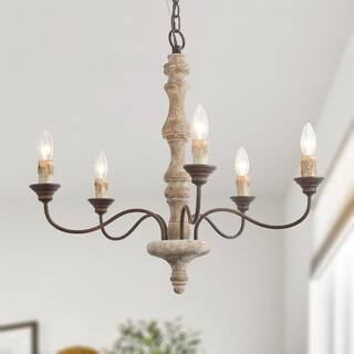 Wood Candle Chandelier 5-Light Weathered White Dining Room Chandelier Bronze Rustic Chandelier wi... | The Home Depot