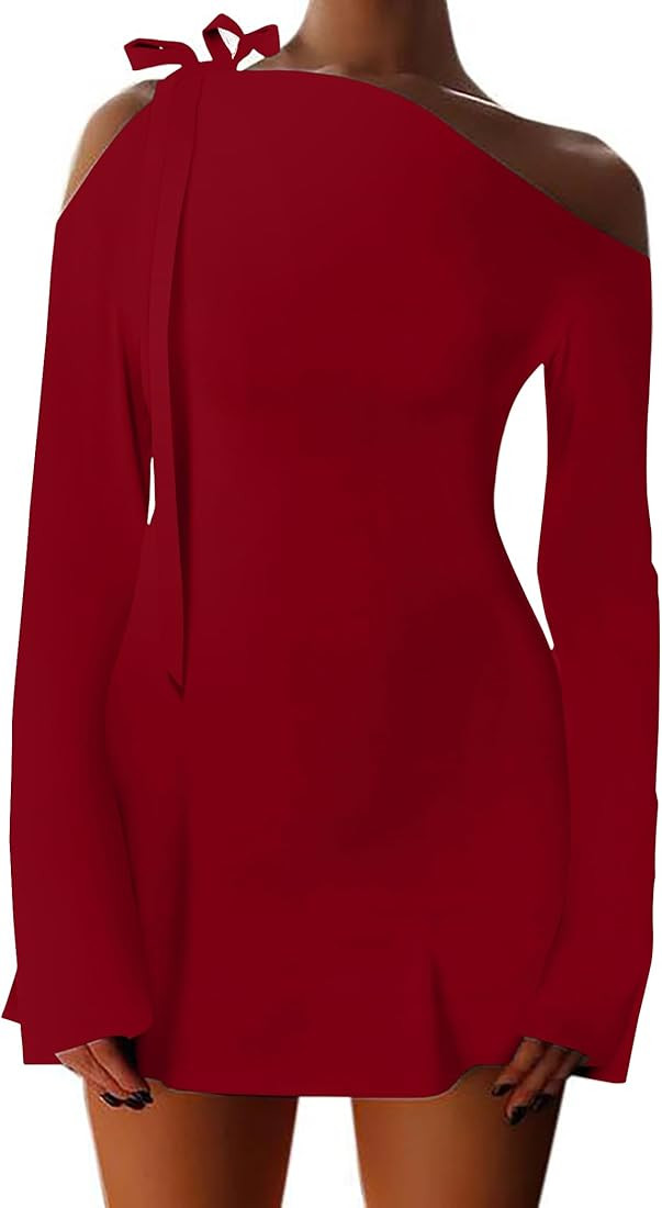 HYPERFIRE Women's Shoulder Tie Long Sleeve Asymmetrical Dress Boat Neck Mini Cocktail Dresses | Amazon (US)
