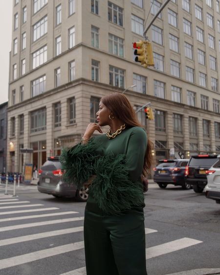 Monochromatic emerald green outfit for NYFW - wearing La Pointe silk feather too and silk pants with gold jewelry 

#LTKstyletip #LTKSeasonal #LTKworkwear