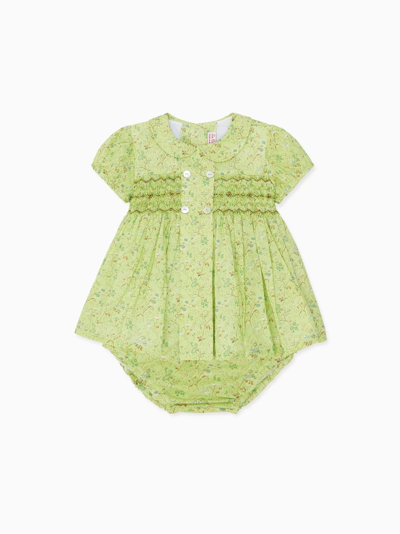 Green Floral Arcadia Baby Girl Hand-Smocked Set | La Coqueta (US)