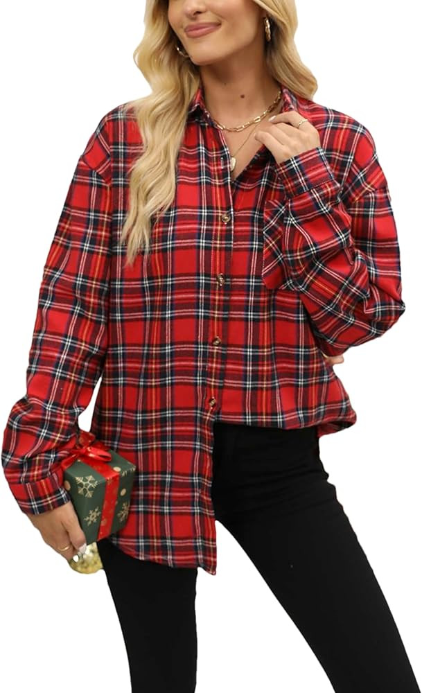 Oversized Womens Flannel Plaid Soft Flannel Button Down Shirt Roll Up Long Sleeve Flannel Plaid S... | Amazon (US)