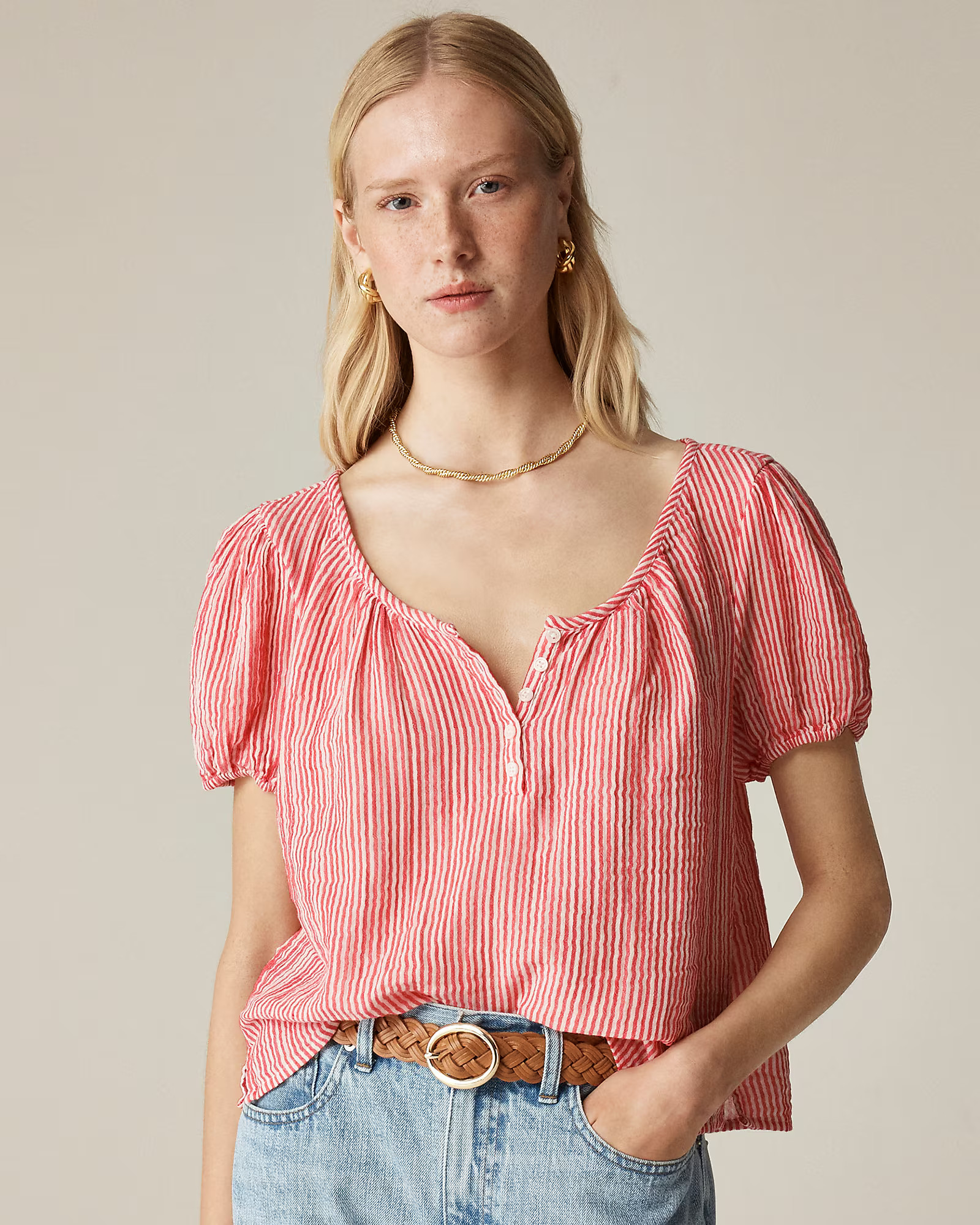 Puff-sleeve henley in striped gauze | J. Crew US