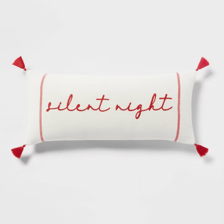 12"x26" Christmas Embroidered Silent Night with Tassels Oblong Decorative Throw Pillow Cream/Red ... | Target