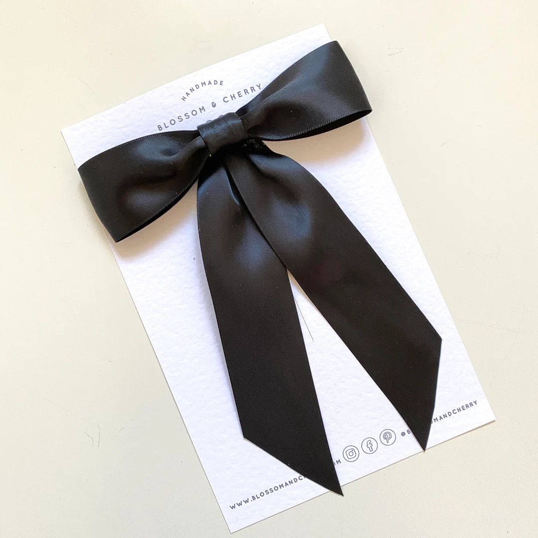 Black Satin Long Tail Bow Satin Hair Bow Satin Bow Hair - Etsy UK | Etsy (UK)