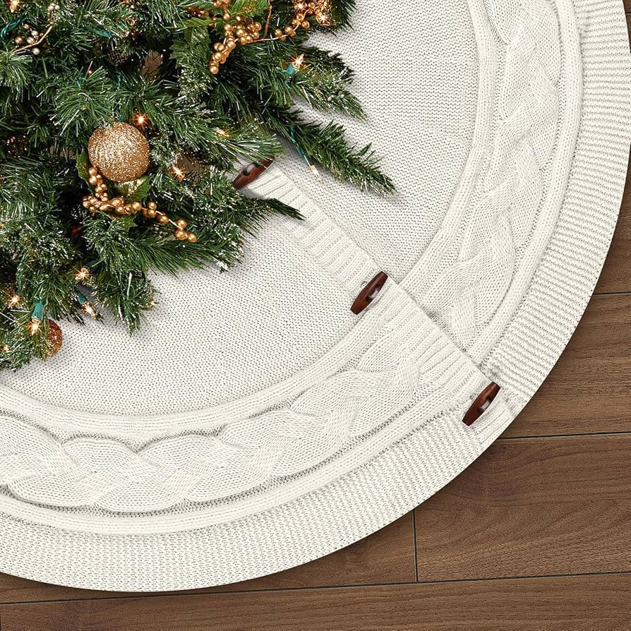 Christmas Tree Skirt, 48 Inch Rustic Holiday Decorations with Cable Knit Pattern, Thick Knitted C... | Amazon (US)