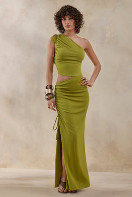 Margie | Green Maxi Skirt With Ruched Detail And Front High Split | Club L London