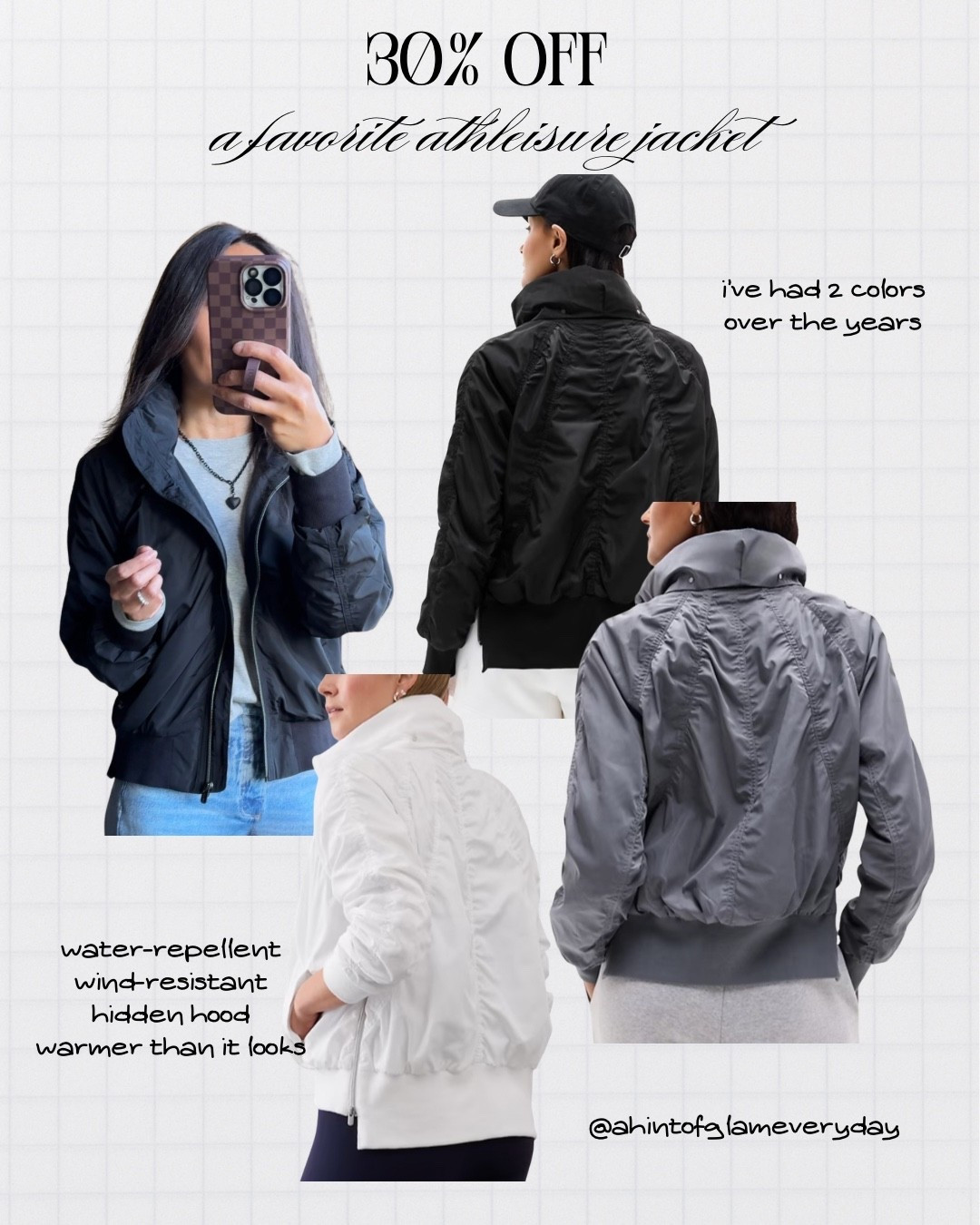 30% off sitewide athleisure sale including one of my favorite athleisure jackets. Bomber jacket style with chic ruching detailing  Great for spring and as a travel jacket. 
True to size for me. I have 2 colors from over the years. 
Water-repellent, wind-resistant, hidden hood, warmer than it looks. 
Multiple colors available. 


#LTKTravel #LTKOver40 #LTKActive