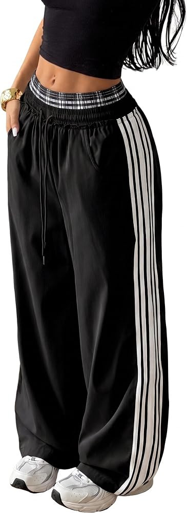 ZAFUL Womens Wide Leg Sweatpants Double Waisted Plaid Patchwork | Amazon (US)