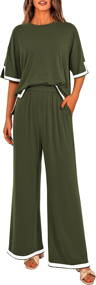 MASCOMODA Womens Summer 2 Piece Outfits Crewneck Short Sleeve Tops Wide Leg Long Pants Matching L... | Amazon (US)