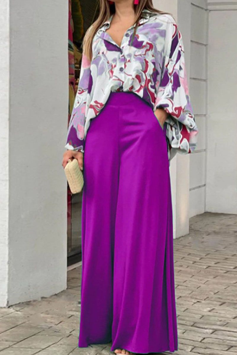 Purple Fashion Casual Print Patchwork Buckle Turndown Collar Long Sleeve Two Pieces | KnowFashionStyle