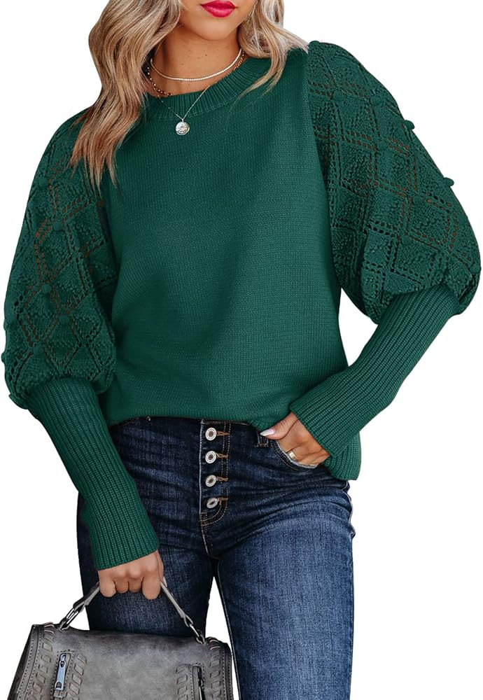 Kikula Women's Puff Long Sleeve Sweaters Cute Pom Pom Crochet Crewneck Knit Sweater Jumpers T... | Amazon (US)