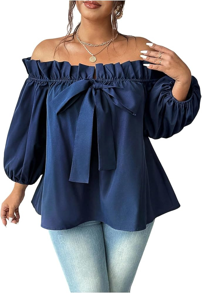 OYOANGLE Women's Plus Size Off Shoulder Blouse Bow Tops Lantern Sleeve Frill Trim Flared Shirts | Amazon (US)