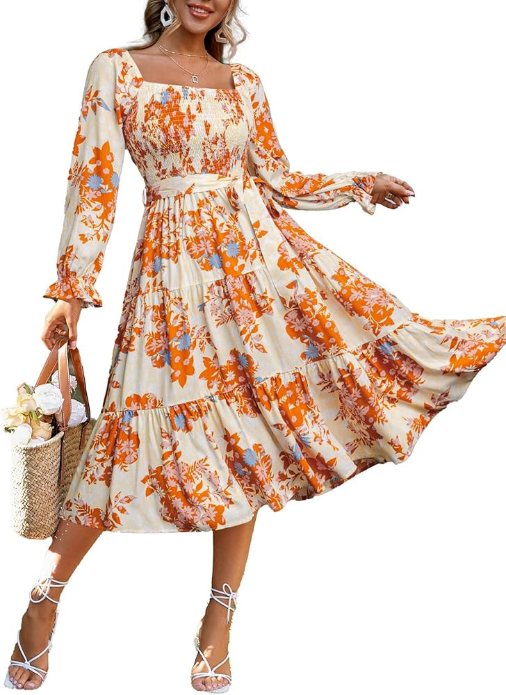 Simplee Womens Long Sleeve Maxi Dress Casual Square Neck Smocked Flowy Fall Wedding Guest Dresses | Amazon (US)