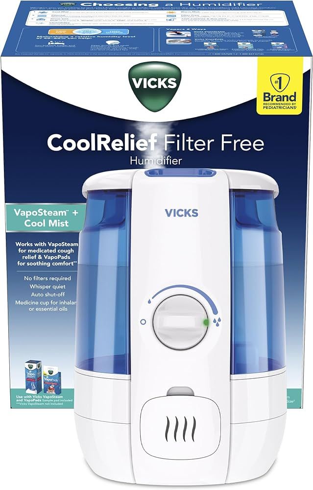 Vicks Filter-Free CoolRelief Cool Mist Ultrasonic Humidifier, Medium Room, 1.2 Gallon Tank – Vi... | Amazon (US)
