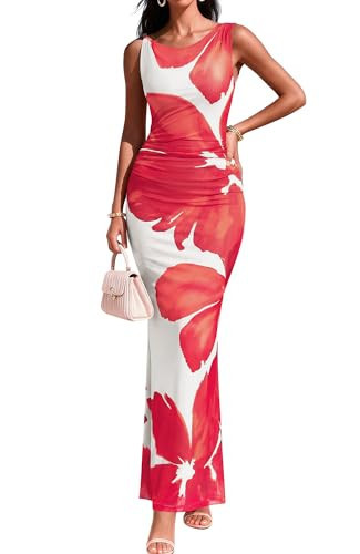 BTFBM Women Floral Cocktail Wedding Guest Dress Summer Spring 2026 Twist Strap Bodycon Mesh Beach Vacation Maxi Dresses(Floral White Red, Medium) | Amazon (US)