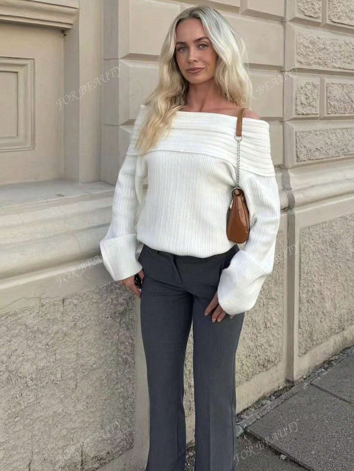 Women's New Fall And Winter One-Line Collar Ribbed Long-Sleeved Knit Sweater Solid Color Simple S... | SHEIN