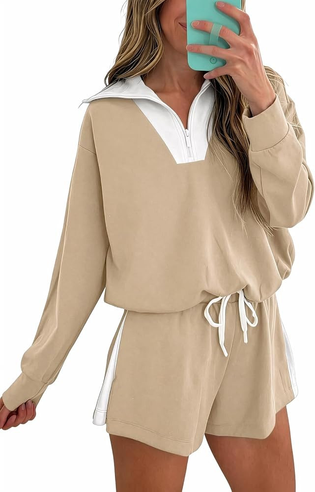 Fisoew Womens 2 Piece Outfits Quarter Zip Sweatshirt Shorts Sets Sweatsuits | Amazon (US)