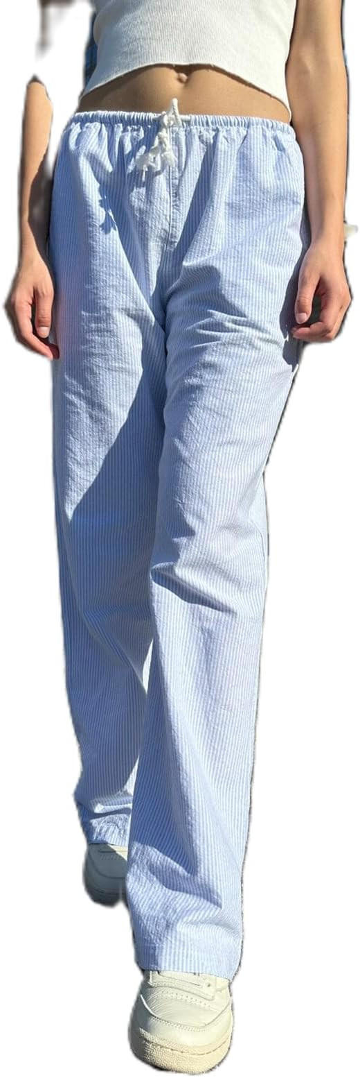 HOXIJIA Women Casual Striped Print Long Pants Elastic High Waist Loose Fit Straight Wide Leg Trou... | Amazon (US)