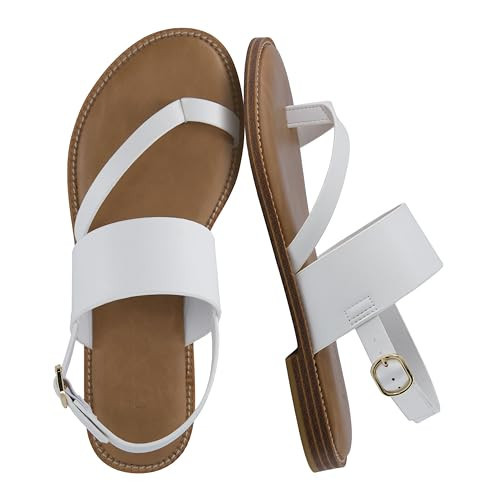 CUSHIONAIRE Leader Women’s Strappy Sandal – Premium Faux Leather Toe Loop Flat with Adjustable Ankle Strap & Cushioned Footbed, WHITE 8.5 | Amazon (US)