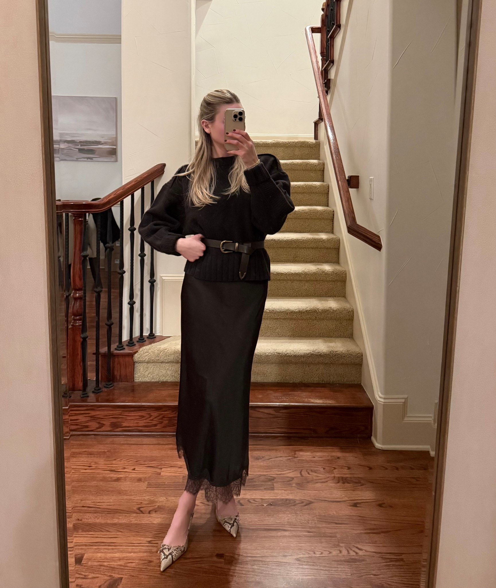 Wearing a medium in sweater, XS in Zara skirt, and shoes are tts