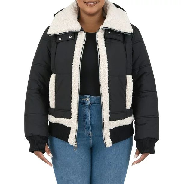 Cyn & Luca Women's Plus Size Sustainable Bomber Jacket with Sherpa Trim - Walmart.com | Walmart (US)
