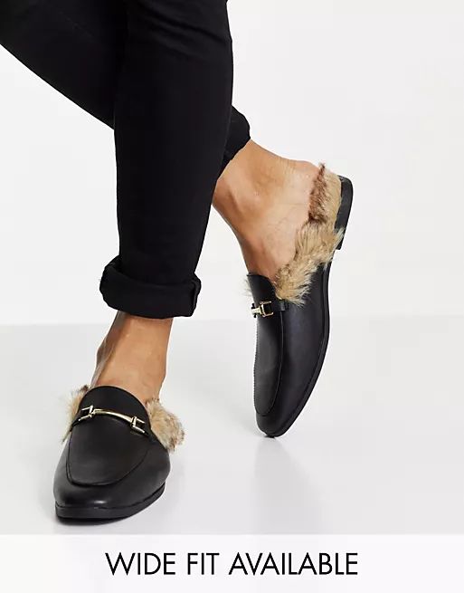 ASOS DESIGN backless mule loafer in black faux leather with faux fur | ASOS | ASOS (Global)