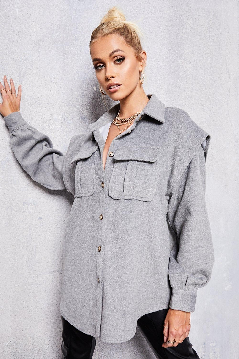 Womens Shoulder Detail Shacket - Grey - 8 | Boohoo.com (US & CA)