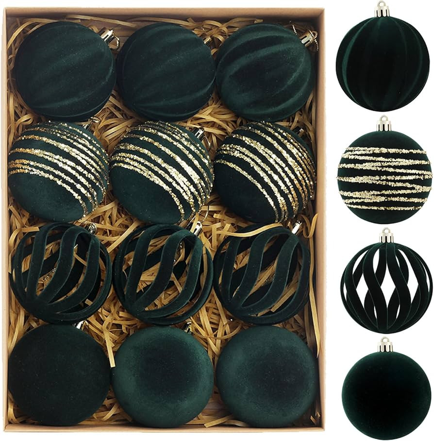Christmas Ornaments Set of 12, 3.15" Flocked Velvet Balls with Hand Painted Designs,Emerald Green... | Amazon (US)