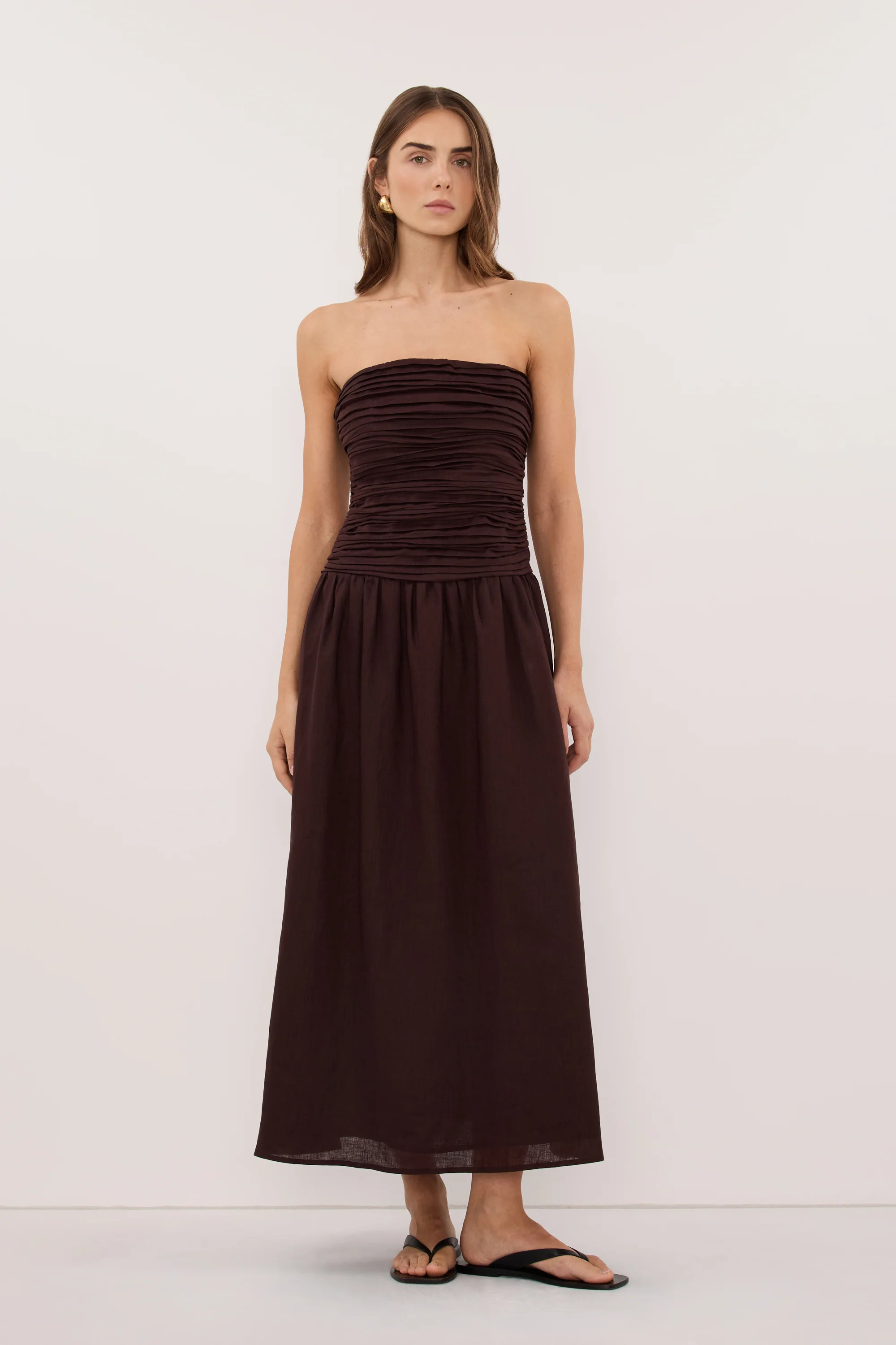 AUBRIELLA BURNT CHOC LINEN MIDI DRESS | DISSH